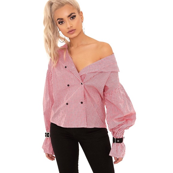 PrettyLittleThing Tops - PrettyLittleThing Divya Gingham Check Off Shoulder